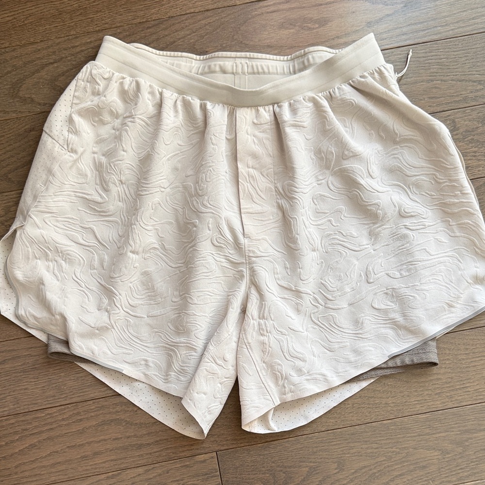 Mens Cream Athletic Shorts with Textured Pattern